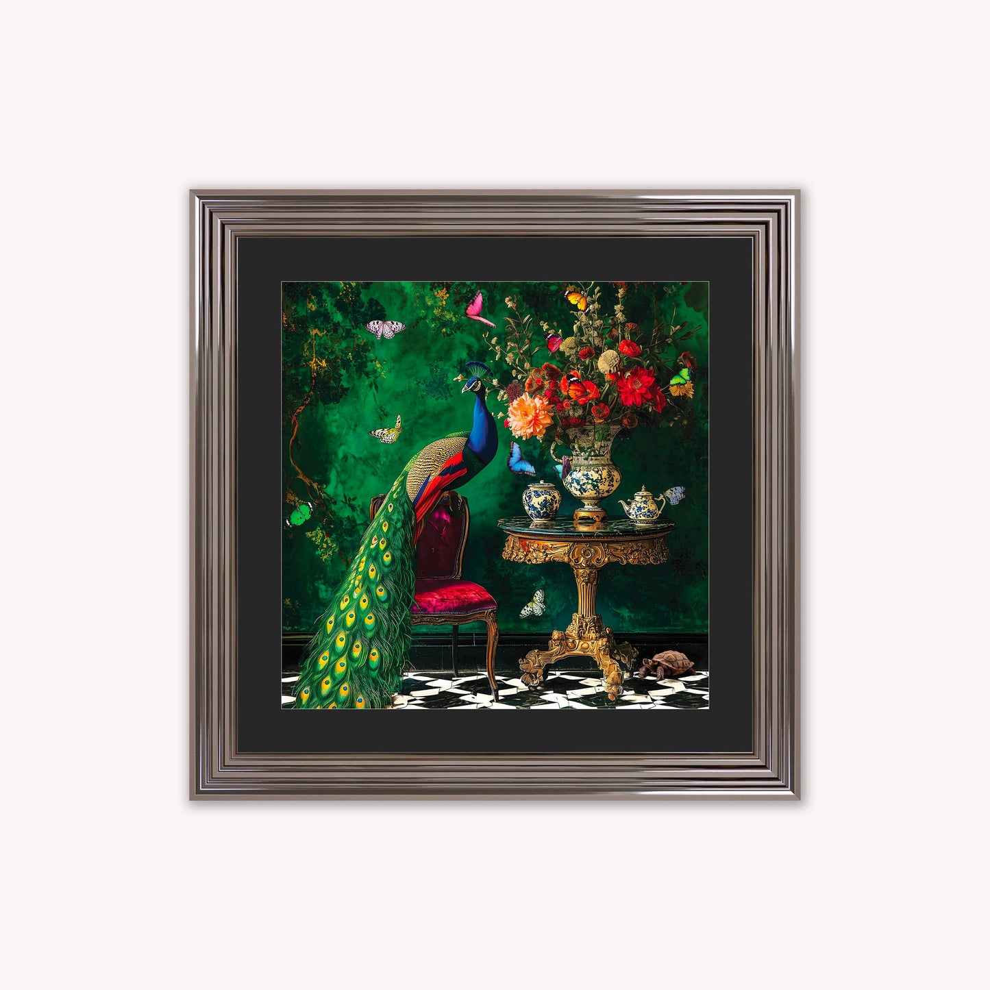 Curiosity Peacock at the Stately Home with Black Mount Framed Wall Art