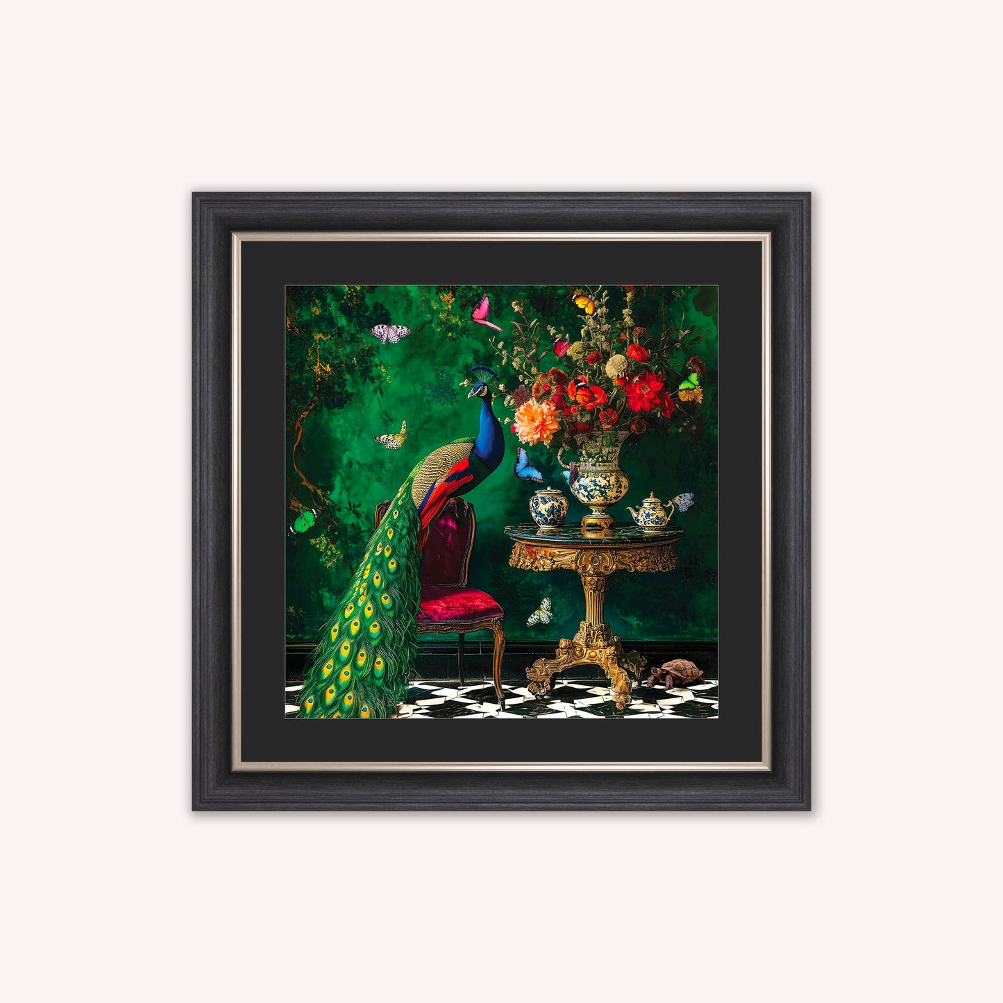Curiosity Peacock at the Stately Home with Black Mount Framed Wall Art