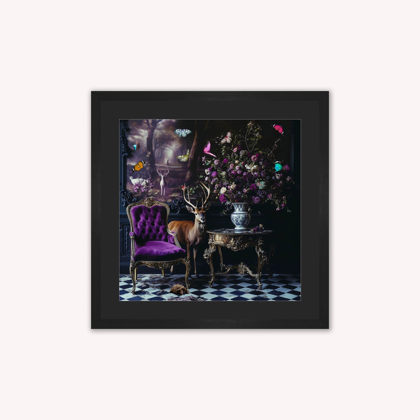Curiosity Stag at the Stately Home with Black Mount Framed Wall Art