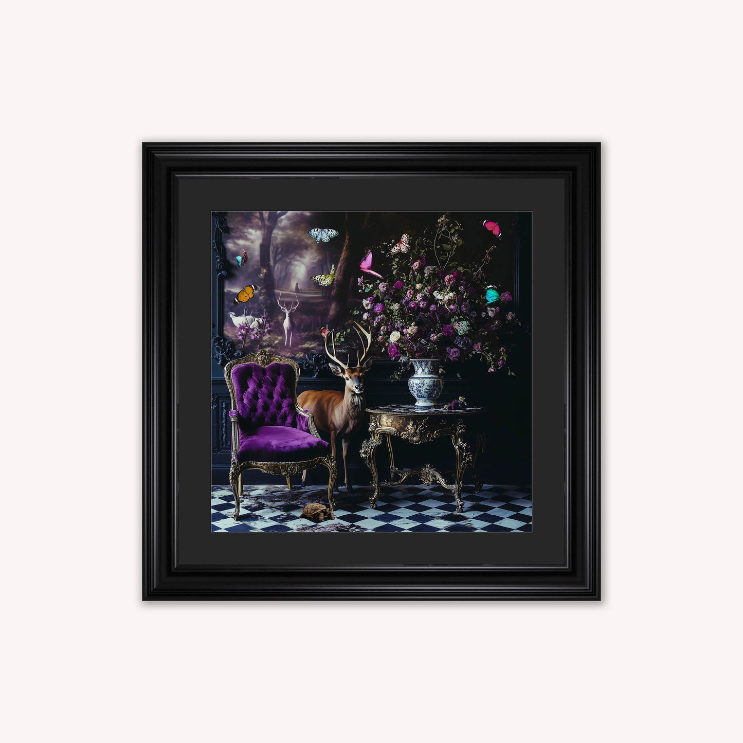 Curiosity Stag at the Stately Home with Black Mount Framed Wall Art