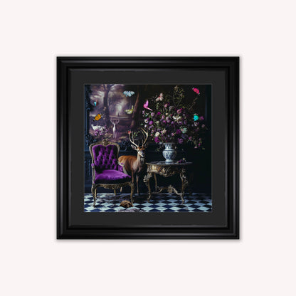 Curiosity Stag at the Stately Home with Black Mount Framed Wall Art