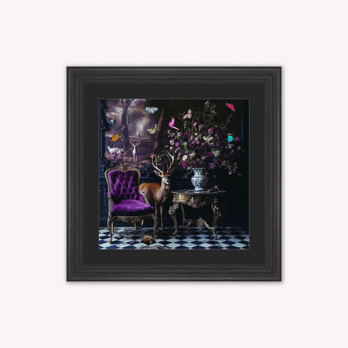 Curiosity Stag at the Stately Home with Black Mount Framed Wall Art