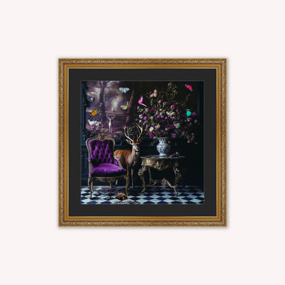 Curiosity Stag at the Stately Home with Black Mount Framed Wall Art