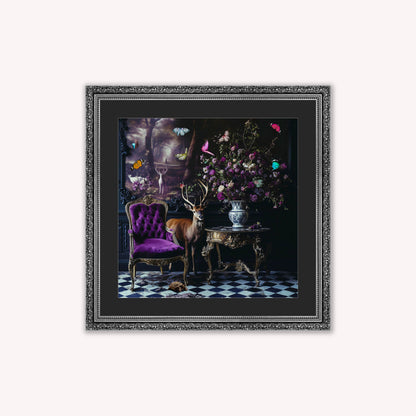 Curiosity Stag at the Stately Home with Black Mount Framed Wall Art