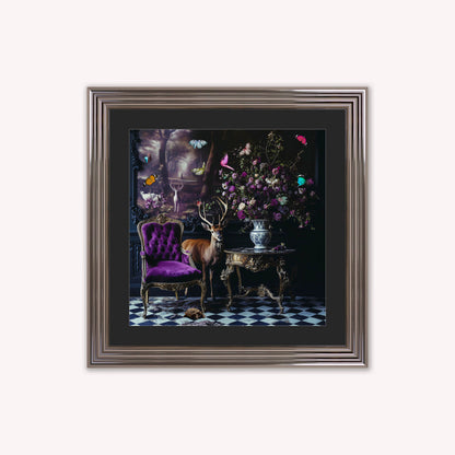 Curiosity Stag at the Stately Home with Black Mount Framed Wall Art
