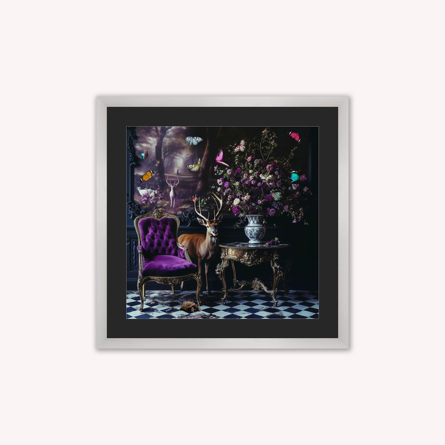 Curiosity Stag at the Stately Home with Black Mount Framed Wall Art