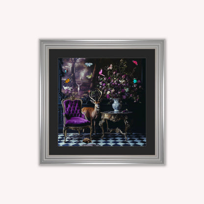 Curiosity Stag at the Stately Home with Black Mount Framed Wall Art