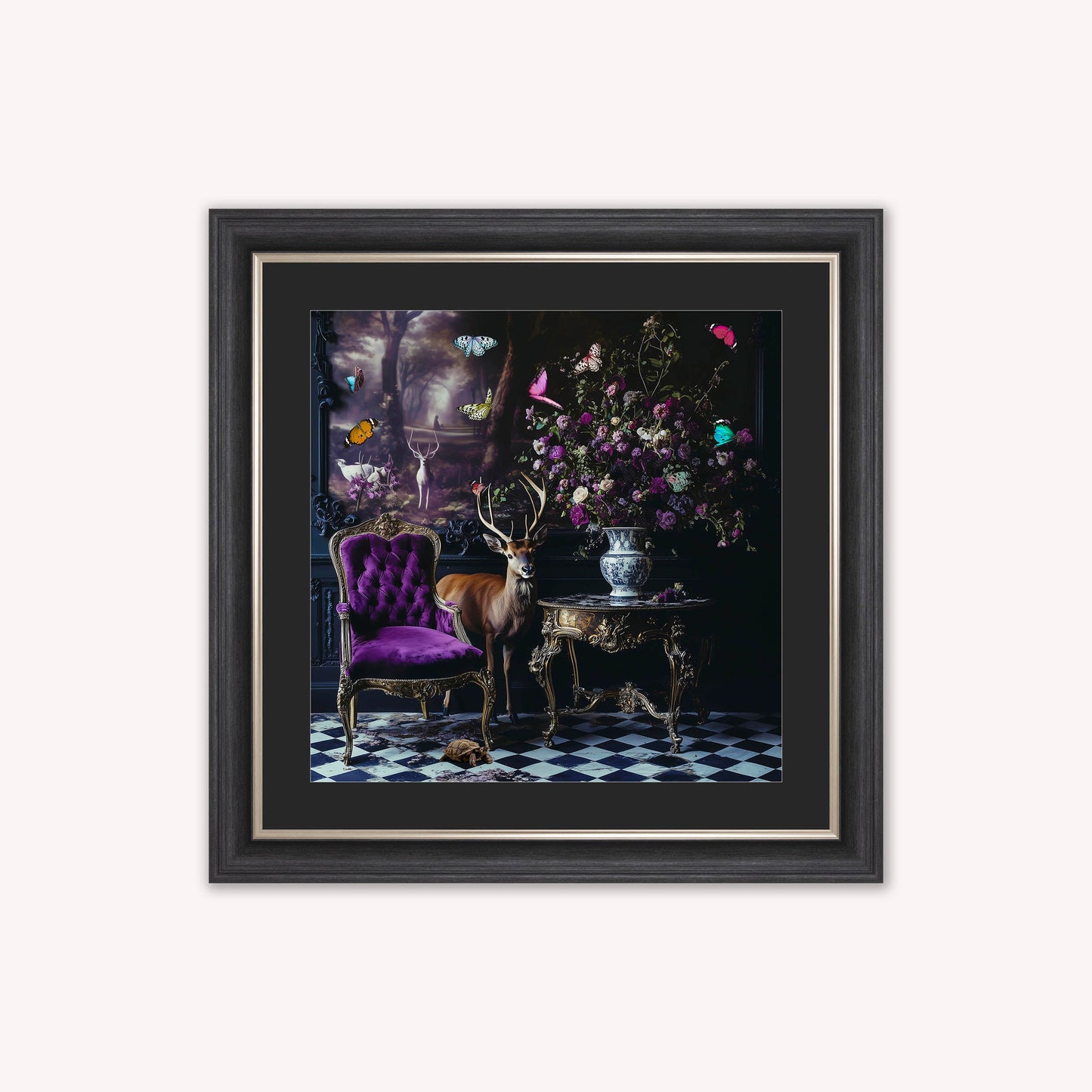 Curiosity Stag at the Stately Home with Black Mount Framed Wall Art