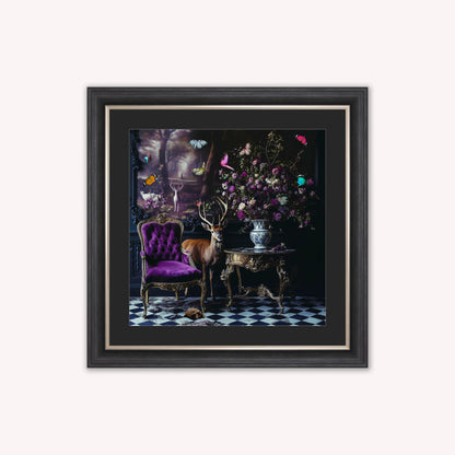 Curiosity Stag at the Stately Home with Black Mount Framed Wall Art