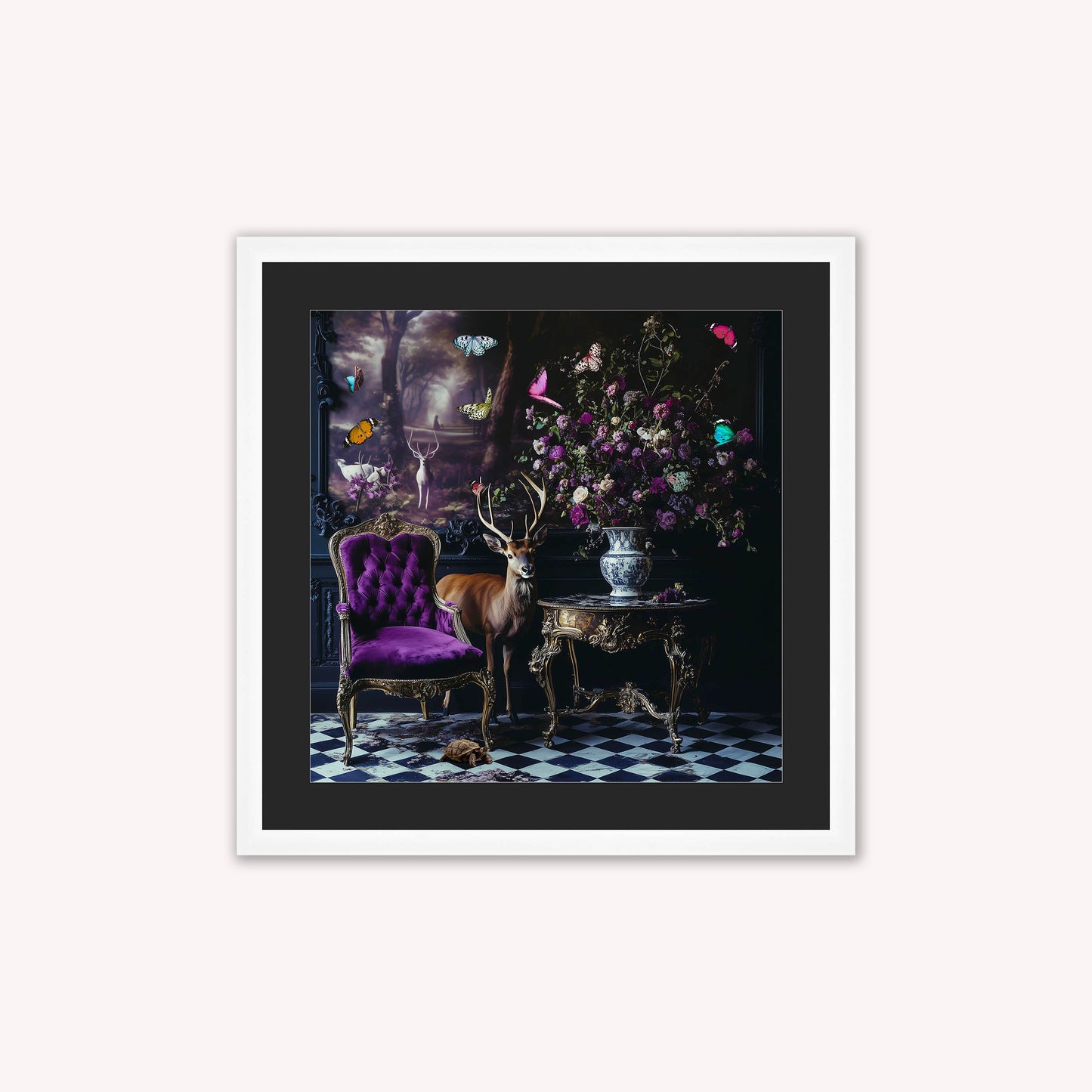 Curiosity Stag at the Stately Home with Black Mount Framed Wall Art