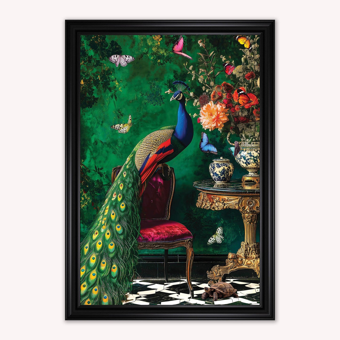 Luxury Velvet Art Print - Stately Home Curiosity Peacock Framed Wall Art