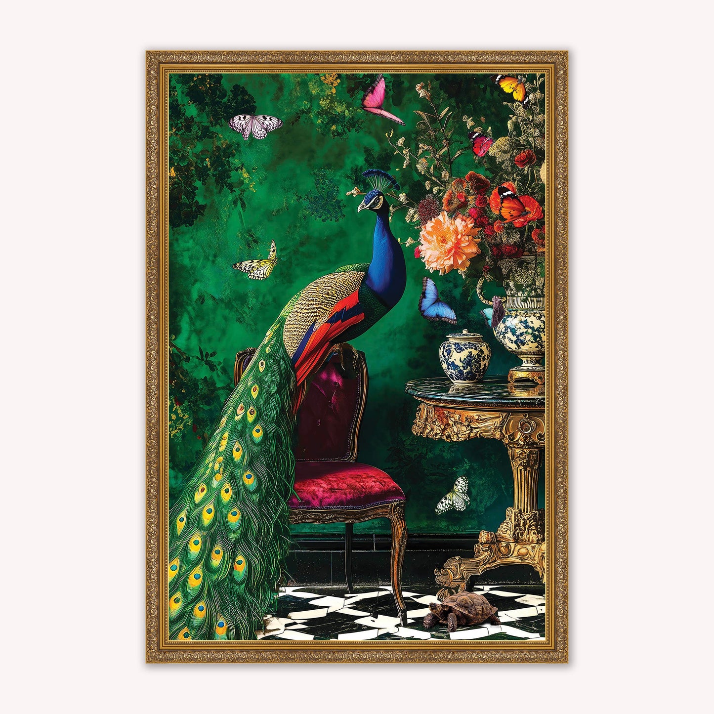 Luxury Velvet Art Print - Stately Home Curiosity Peacock Framed Wall Art