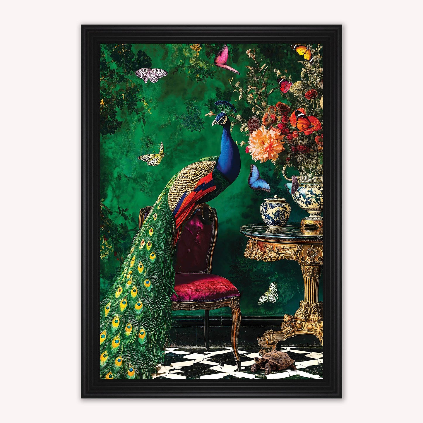 Luxury Velvet Art Print - Stately Home Curiosity Peacock Framed Wall Art