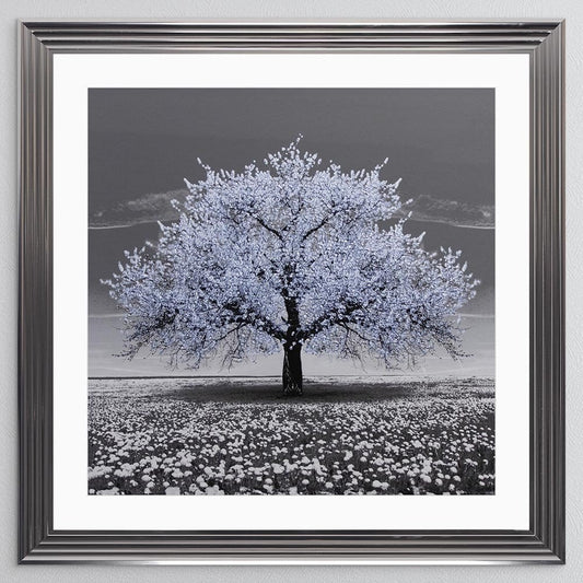 Light Blue Cherry Tree with White Mount Framed Wall Art