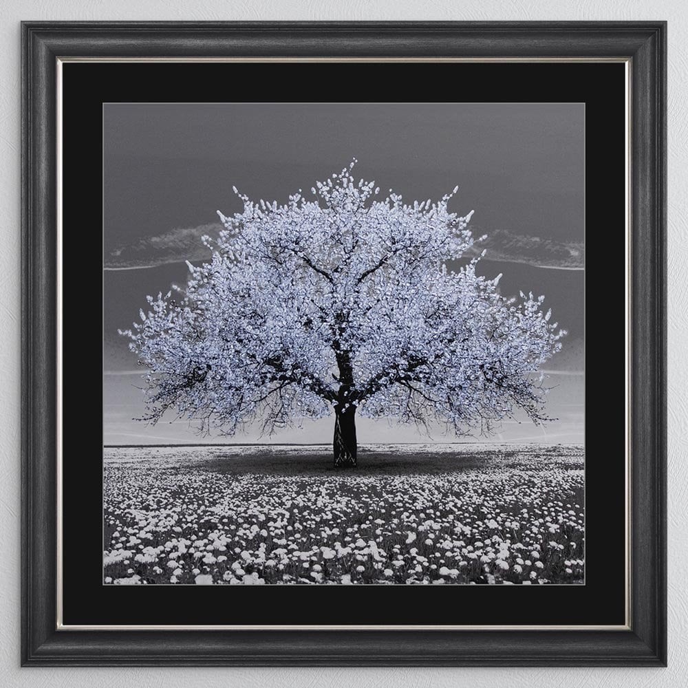 Light Blue Cherry Tree with Black Mount Framed Wall Art