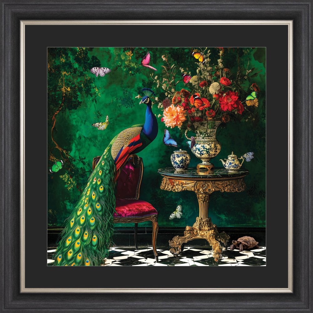 Curiosity Peacock at the Stately Home with Black Mount Framed Wall Art