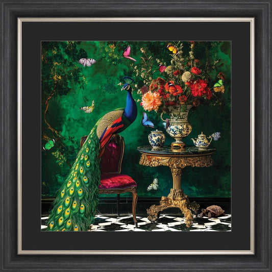 Curiosity Peacock at the Stately Home with Black Mount Framed Wall Art