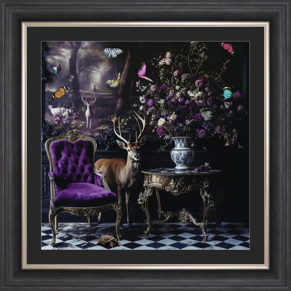 Curiosity Stag at the Stately Home with Black Mount Framed Wall Art