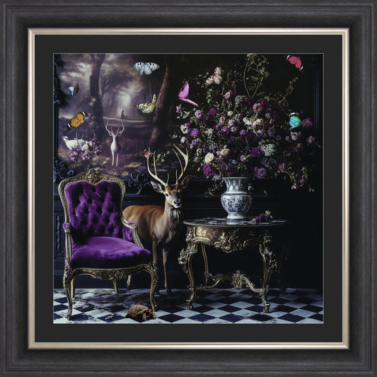 Curiosity Stag at the Stately Home with Black Mount Framed Wall Art