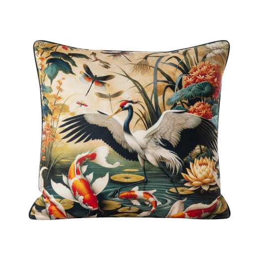 Orient 2 Bird & Koi Pond Velvet Cushion - 60 x 60
