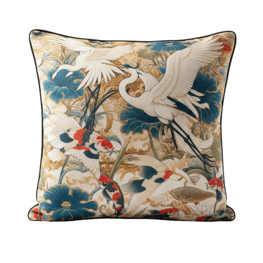Orient 1 Bird & Koi Pond Velvet Cushion - 60 x 60