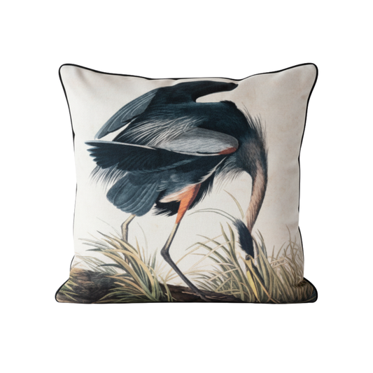 Vintage Birds - Blue Heron Velvet Cushion - 60 x 60