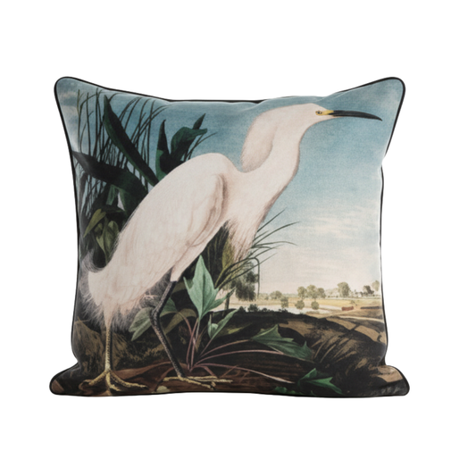 Vintage Birds - Snowy Heron Velvet Cushion - 60 x 60