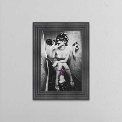 Girl Drinking On The Toilet Framed Wall Art