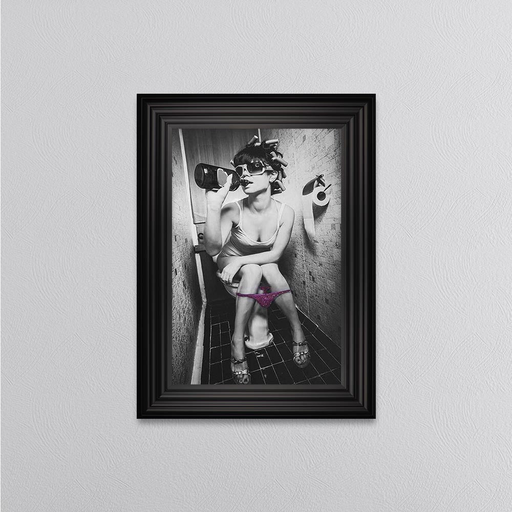 Girl Drinking On The Toilet Framed Wall Art