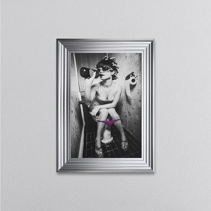 Girl Drinking On The Toilet Framed Wall Art