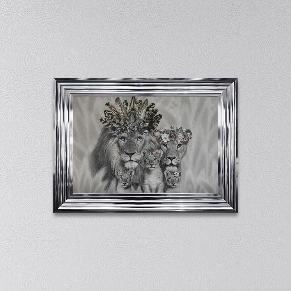 Lion Family With Three Cubs Framed Wall Art