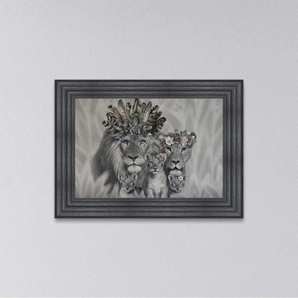 Lion Family With Three Cubs Framed Wall Art