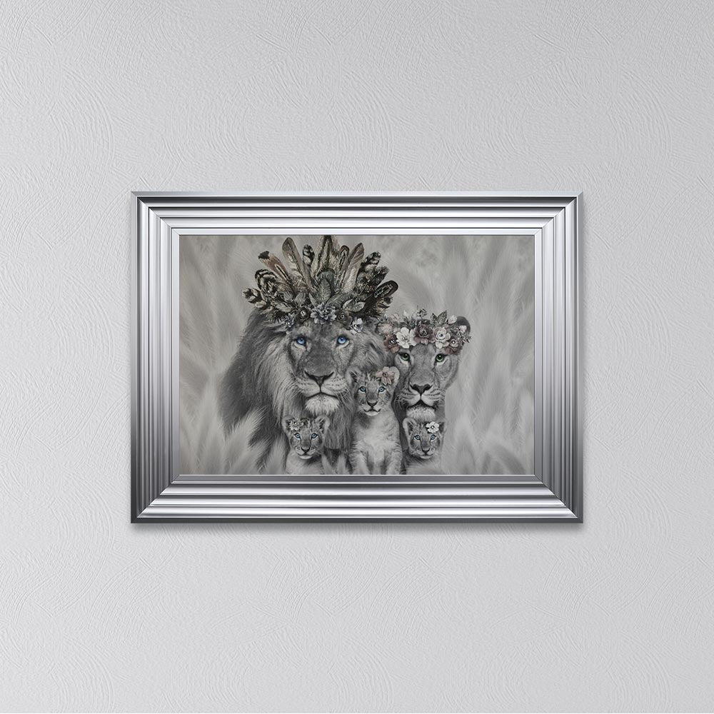 Lion Family With Three Cubs Framed Wall Art