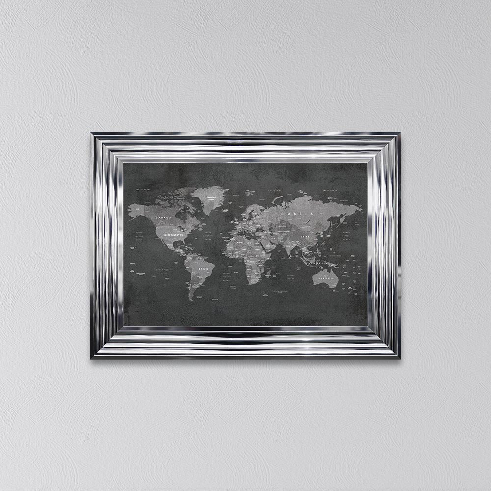 Grey World Map Framed Wall Art