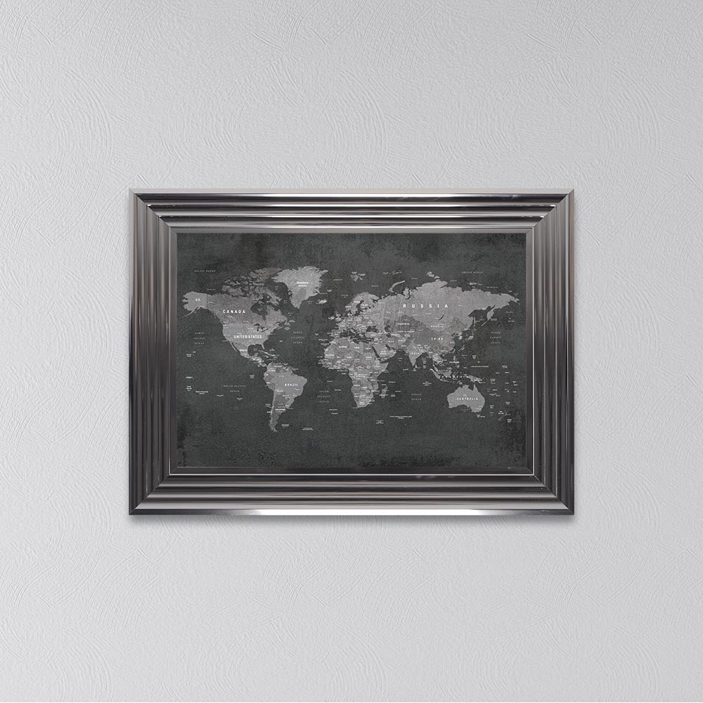 Grey World Map Framed Wall Art