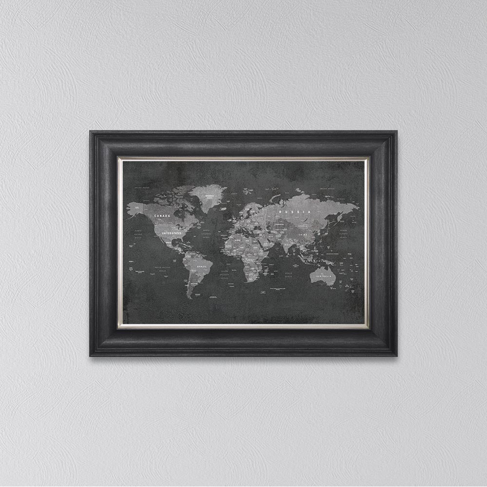 Grey World Map Framed Wall Art