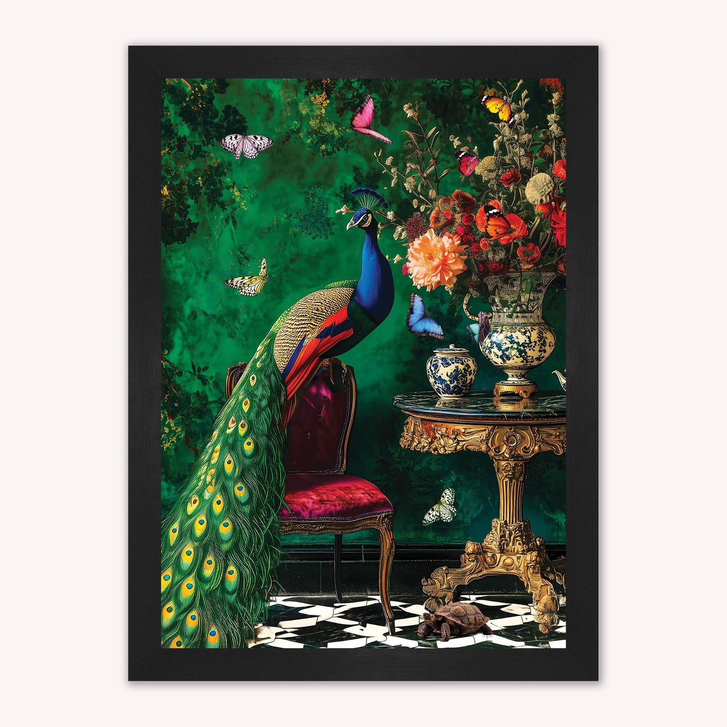Luxury Velvet Art Print - Stately Home Curiosity Peacock Framed Wall Art