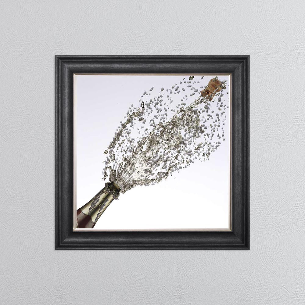 Popping Champagne Bottle On White Background Framed Wall Art