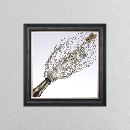 Popping Champagne Bottle On White Background Framed Wall Art