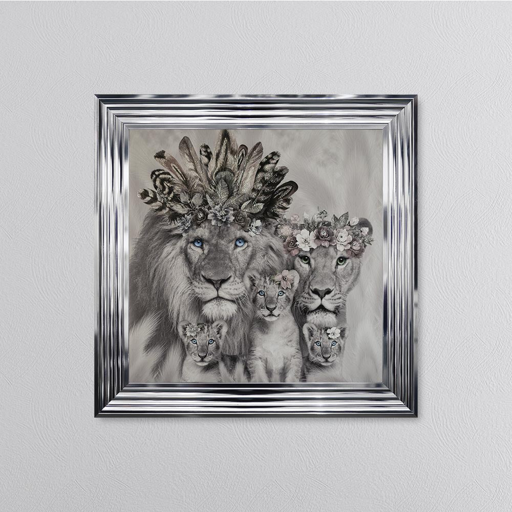Lion Family With Three Cubs Framed Wall Art
