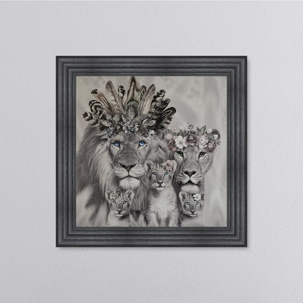 Lion Family With Three Cubs Framed Wall Art