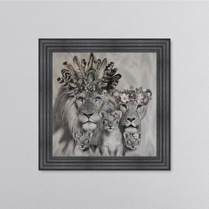 Lion Family With Three Cubs Framed Wall Art