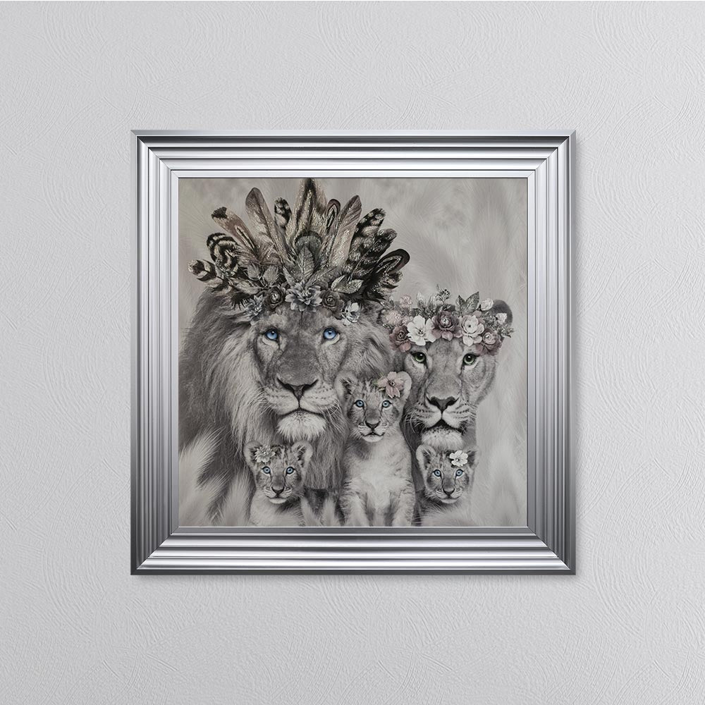 Lion Family With Three Cubs Framed Wall Art