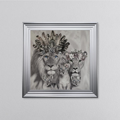 Lion Family With Three Cubs Framed Wall Art