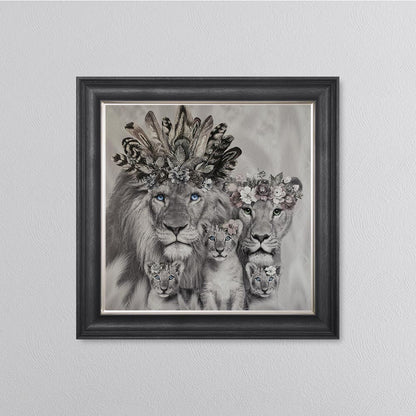 Lion Family With Three Cubs Framed Wall Art