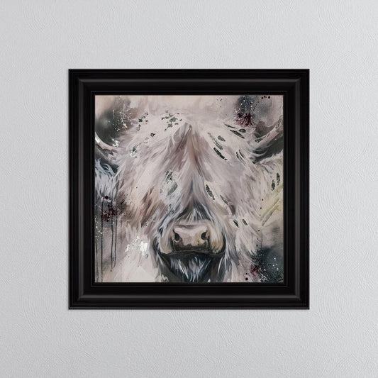 White Highland Cow with Silver Foil Embellishment - Framed Wall Art