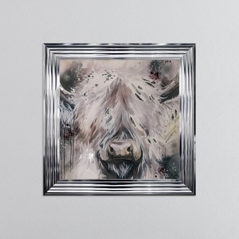 White Highland Cow with Silver Foil Embellishment - Framed Wall Art
