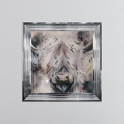 White Highland Cow with Silver Foil Embellishment - Framed Wall Art