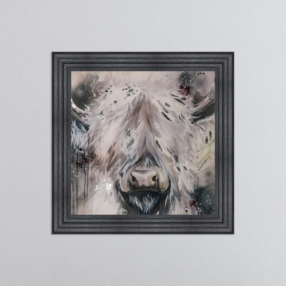 White Highland Cow with Silver Foil Embellishment - Framed Wall Art