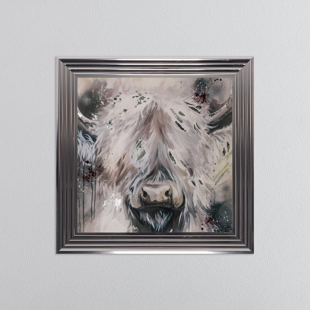 White Highland Cow with Silver Foil Embellishment - Framed Wall Art
